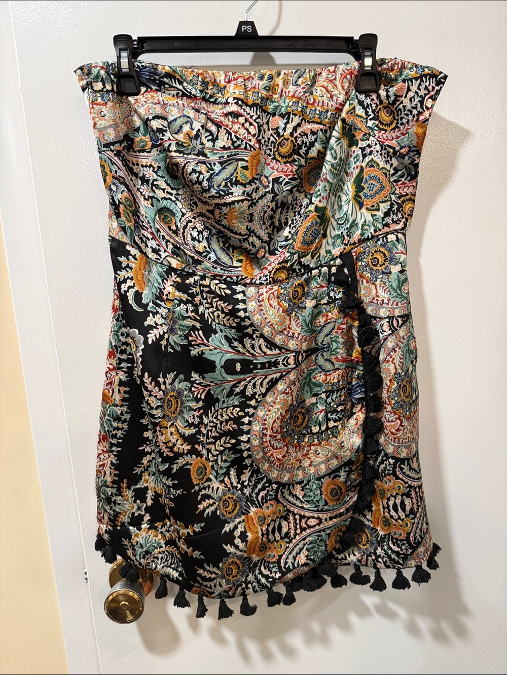 Lulu's Black Strapless Paisley Print Romper with Tassel Trim
